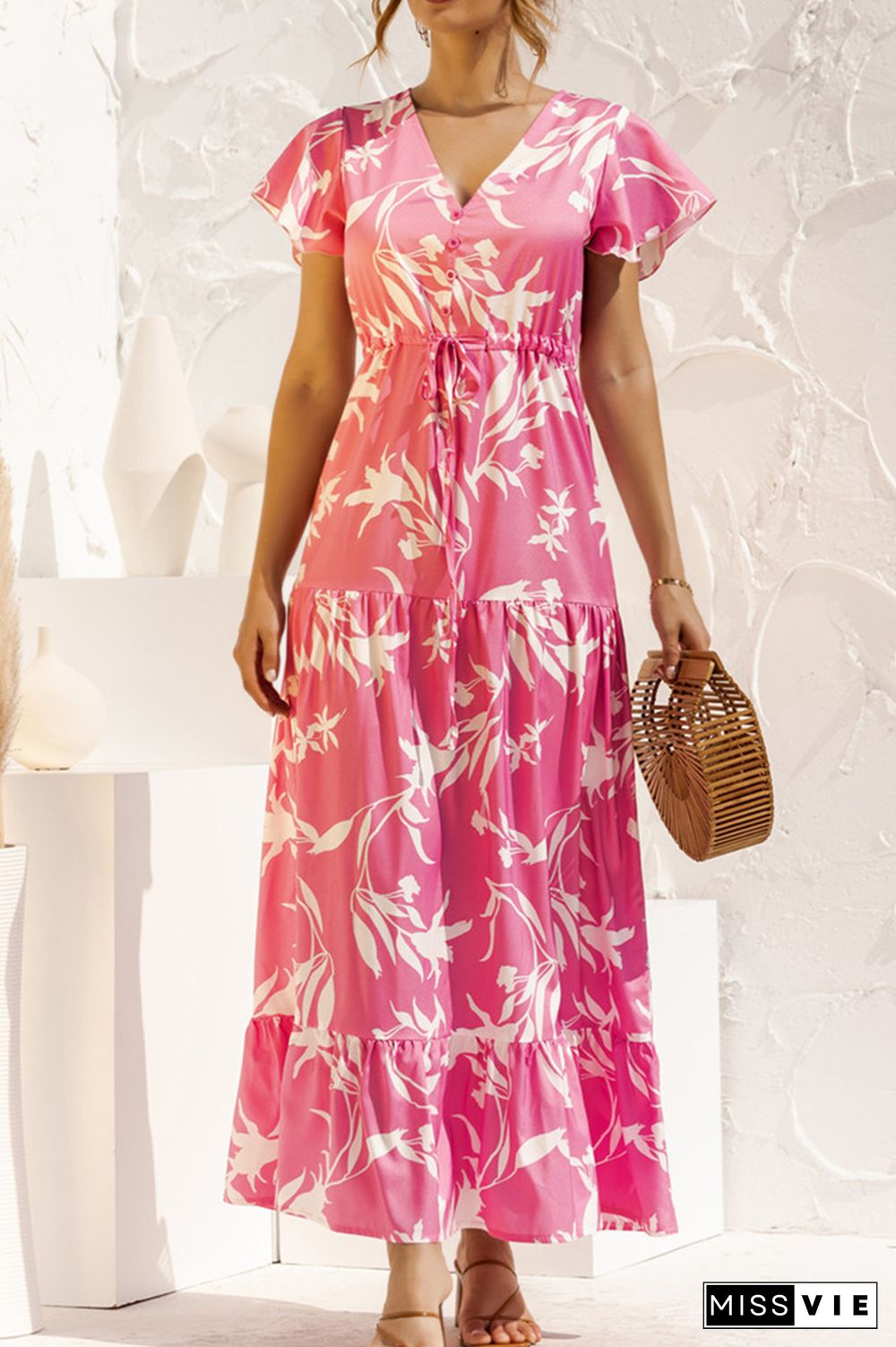 Casual Floral Bandage Buttons V Neck A Line Dresses