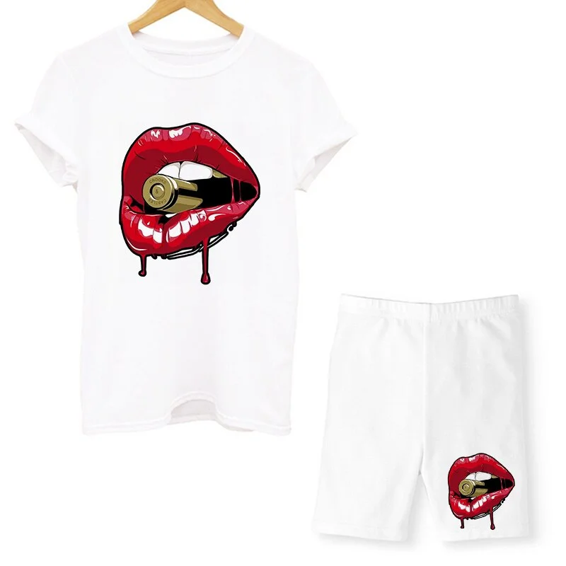 Women Two Piece Set Lips T Shirts And Shorts Pyama Sets Summer Casual Joggers Tracksuit Shorts Sexy Outfit For Woman Clothing