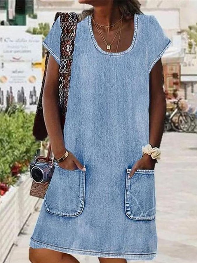 Women's Casual Solid Color U-Neck Denim Dress