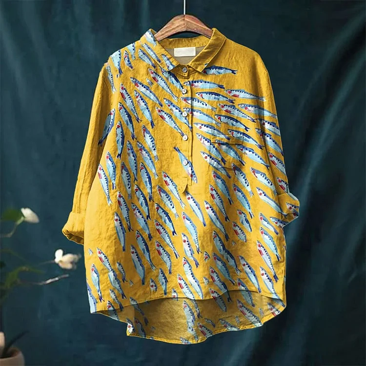 Women's Fish Art Print Casual Lapel Blouse