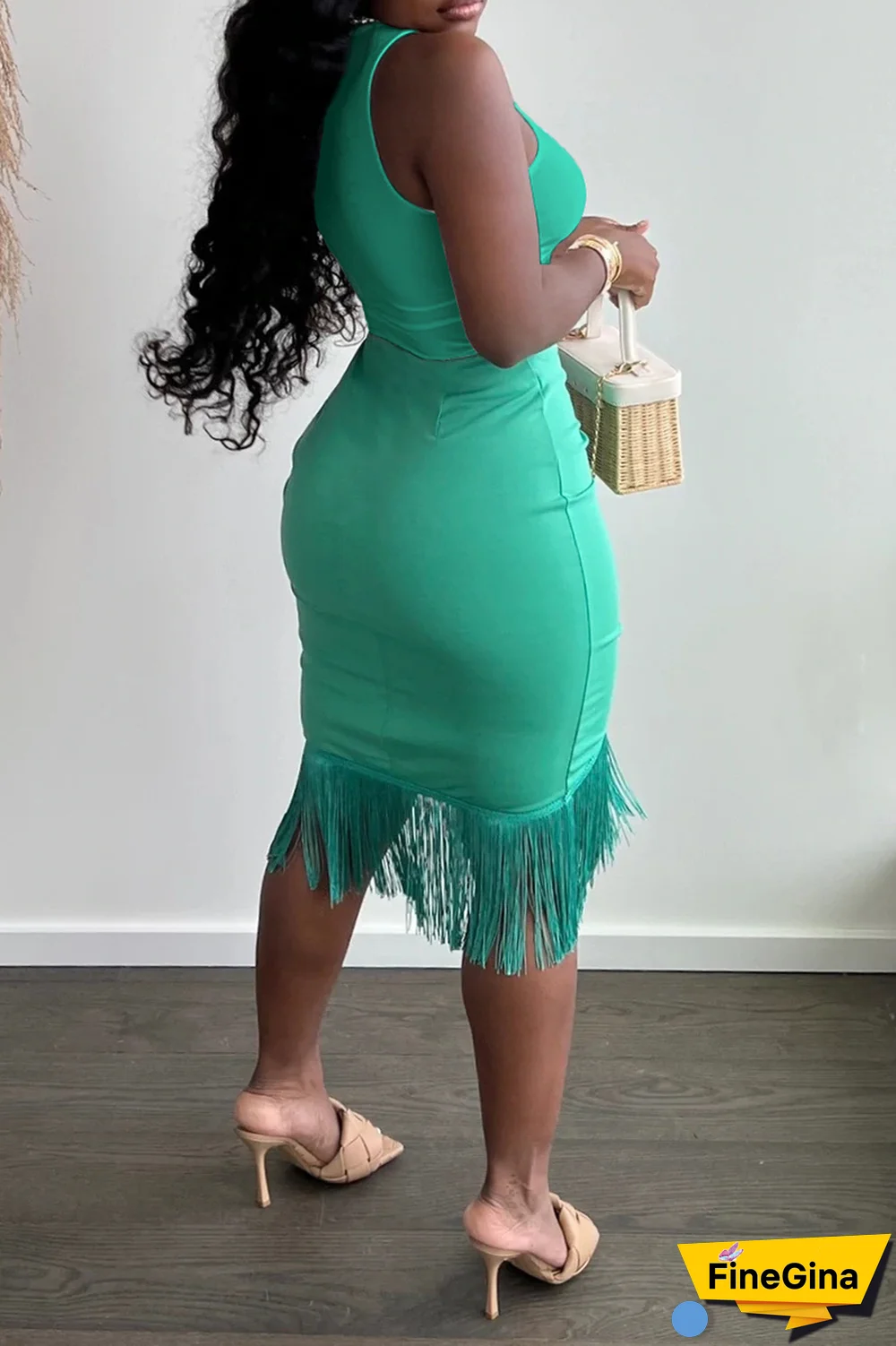 White Green Sexy Solid Tassel O Neck Sleeveless Two Pieces