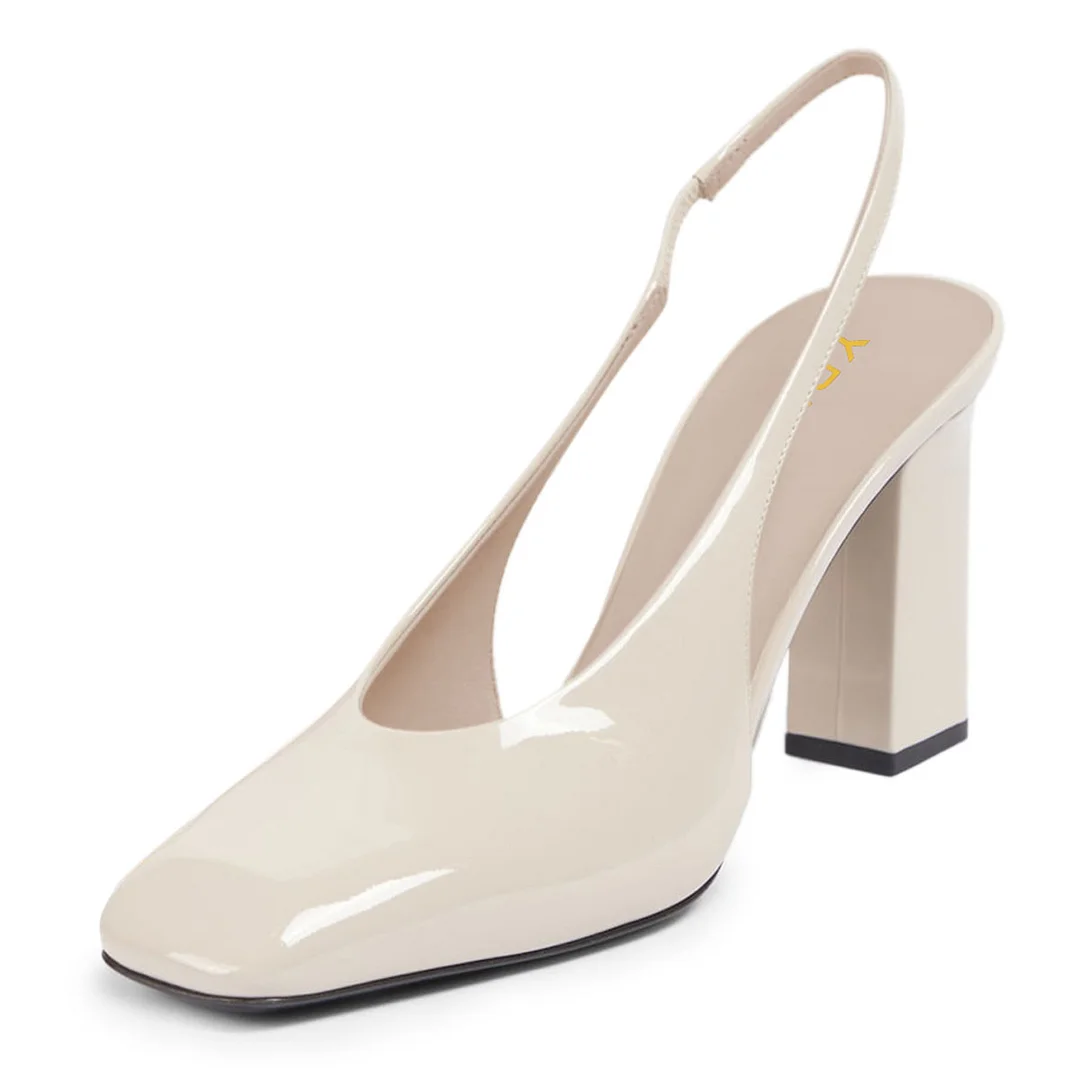Elegant Patent Leather Square Toe  Slingback Heels in Beige