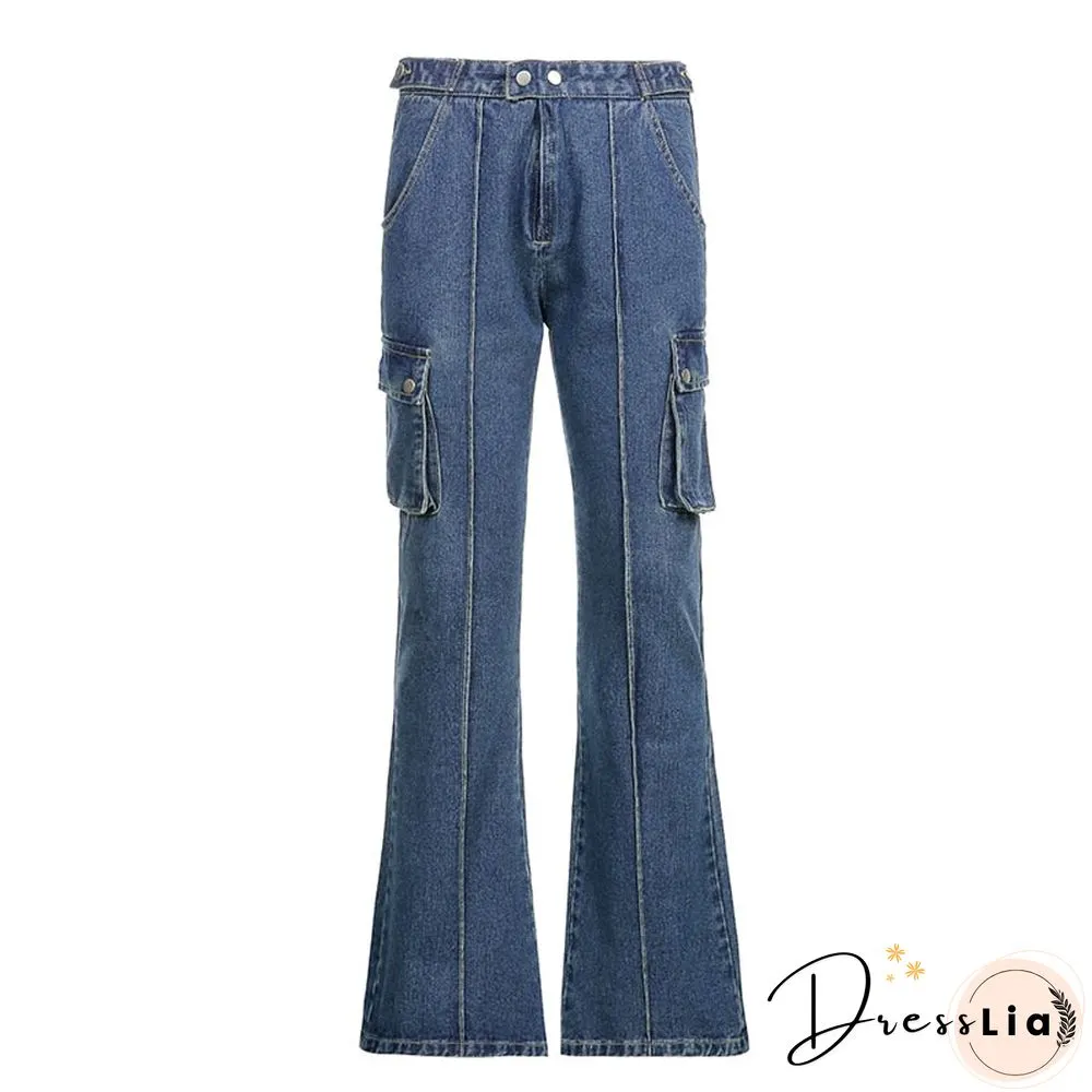 Vintage 90s Womens Casual Streetwear Jeans Baggy Flared Denim Pants Autumn Harajuku Korean