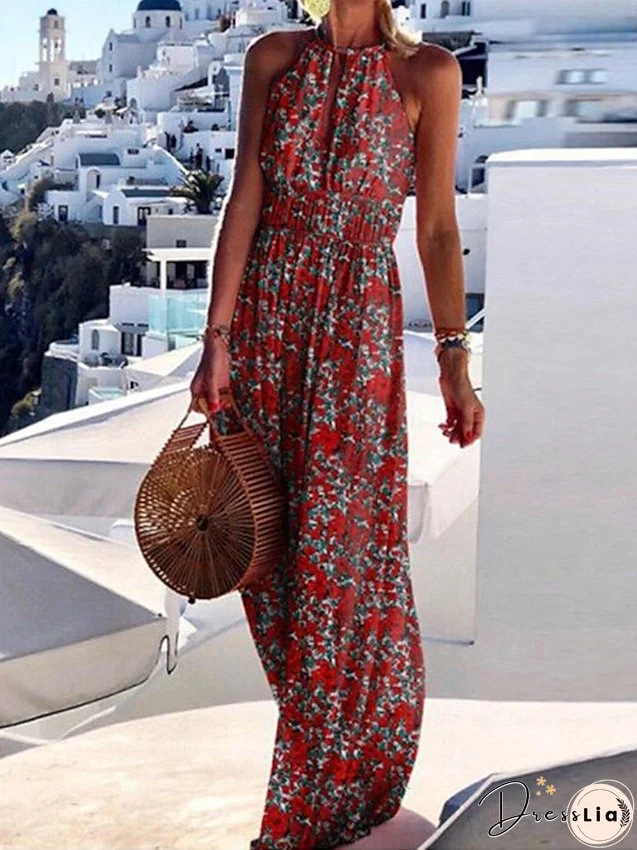 Boho Dress Long Dress Maxi Dress Halterneck Dress Green Blue Khaki Sleeveless Floral Cut Out Spring Summer High Neck S M L XL for Women