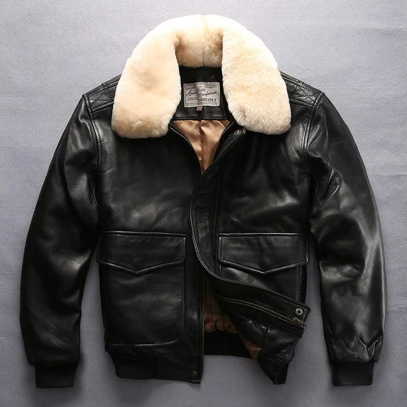 Men's Sheepskin Jacket Wool Collar Aviation Flight Suit Leather Jacket