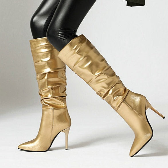 Sexy metallic slouch knee high boots pointed toe stiletto heels boots for winter party