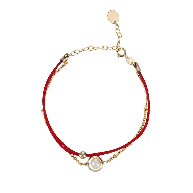 14K Gold Plated Pearl Bead Double Layer Luck Red String Bracelet