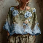 Vintage Pink Roses Forest Gradient Linen Tunic - Image 4