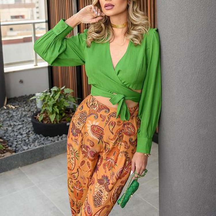 Casual Long-sleeved Crop Top and Wide Leg Pants Two Set