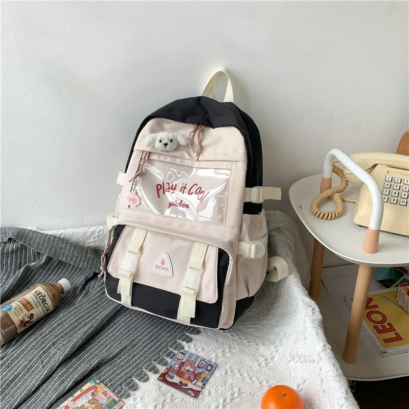 Waterproof Badge Ita Women Backpack Transparent Contrast Color College Gilrs Schoolbags Female Flap Multi-pocket Laptop Backpack