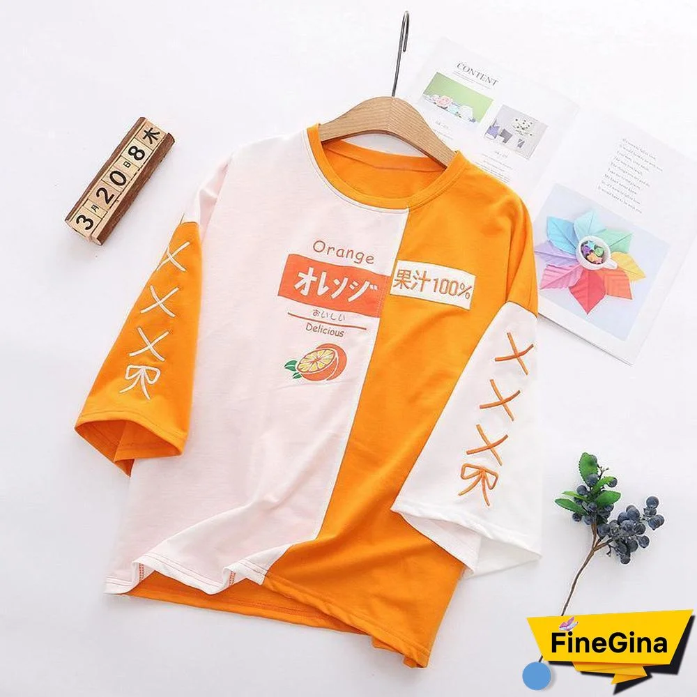 Japanese Orange Letter Print Color Block T-shirt