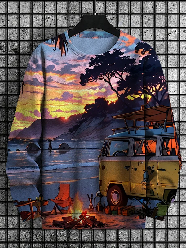 Men's Travel Enthusiasts Beach Sunrise And Sunset Print Casual Sweatshirt