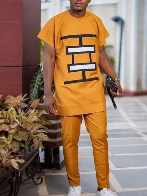 Men's fashion casual yellow print two-piece suit