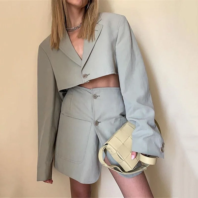 Abebey  Notched Single Button Blazer Set Women 2023 Spring V-Neck Long Sleeve Top Asymmetry Skirt Suit Office Ladies Outfit Dress