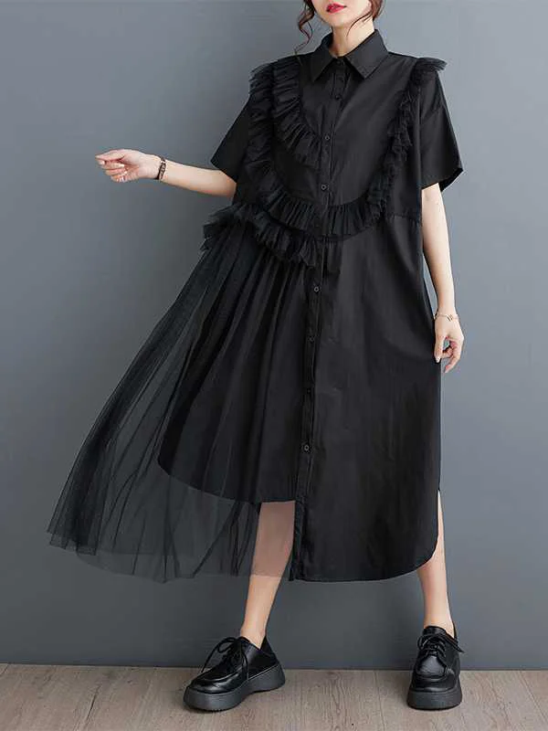 Split-Joint Solid Color Ruffled Buttoned Asymmetric Loose Half Sleeves Lapel Shirt Dress Midi Dresses