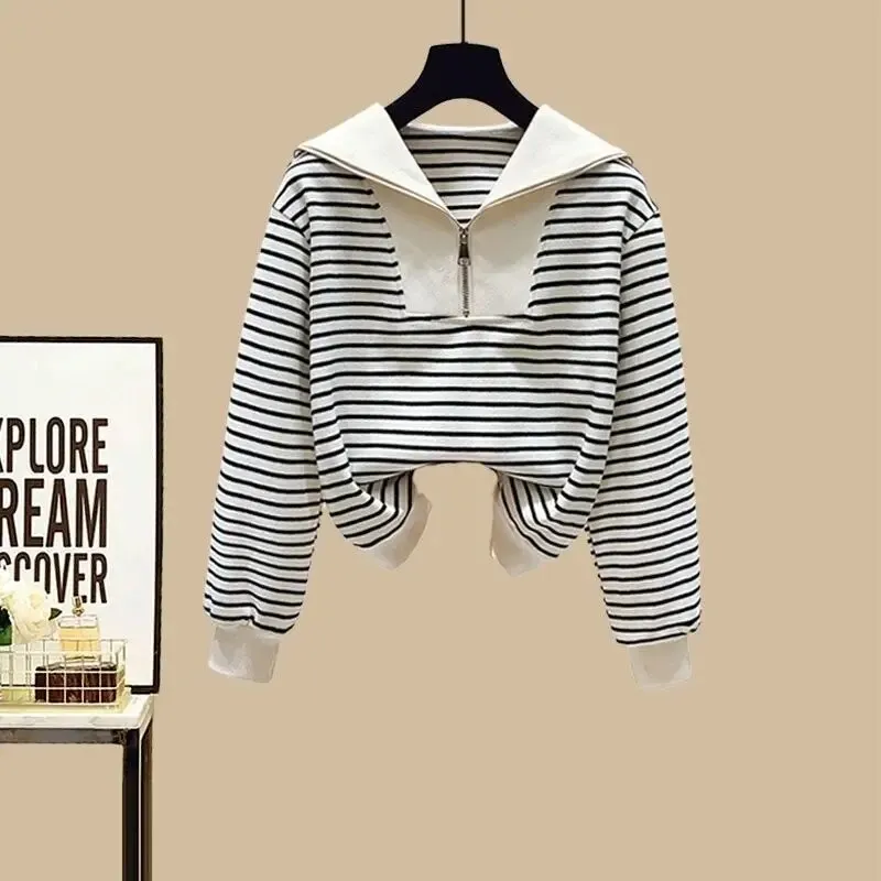 Brownm Women's Autumn Winter Tracksuit 2023 New Korean Striped Zip Sweater Blouse + High Waist Casual Pants Sportswear Two Piece Suit