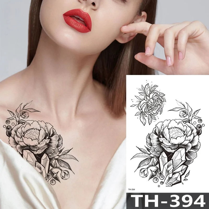 Rose Peony Flower Girls Temporary Tattoos For Women Waterproof Black Tattoo Stickers 3D Blossom Lady Shoulder DIY Tatoos