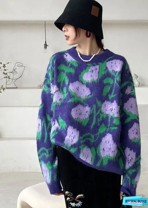 Vintage Purple Floral Knit Sweaters Winter
