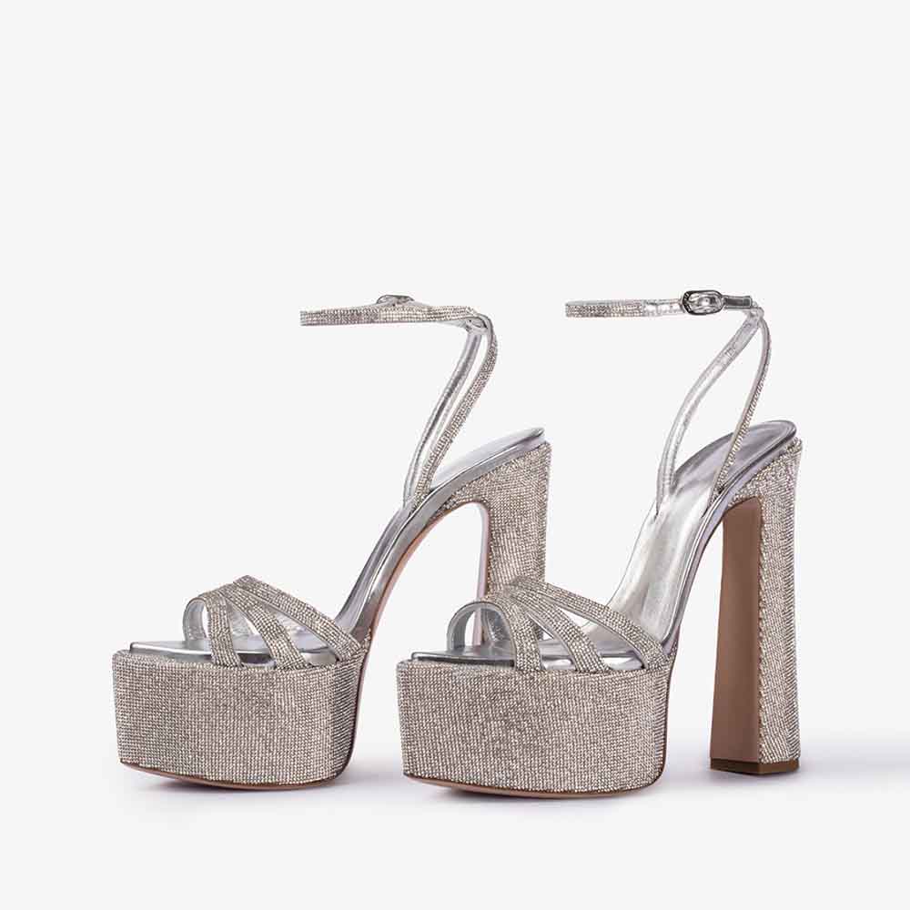 Silver Open Toe Chunky Heel Rhinestone Ankle Strap Sandals for Party Nicepairs