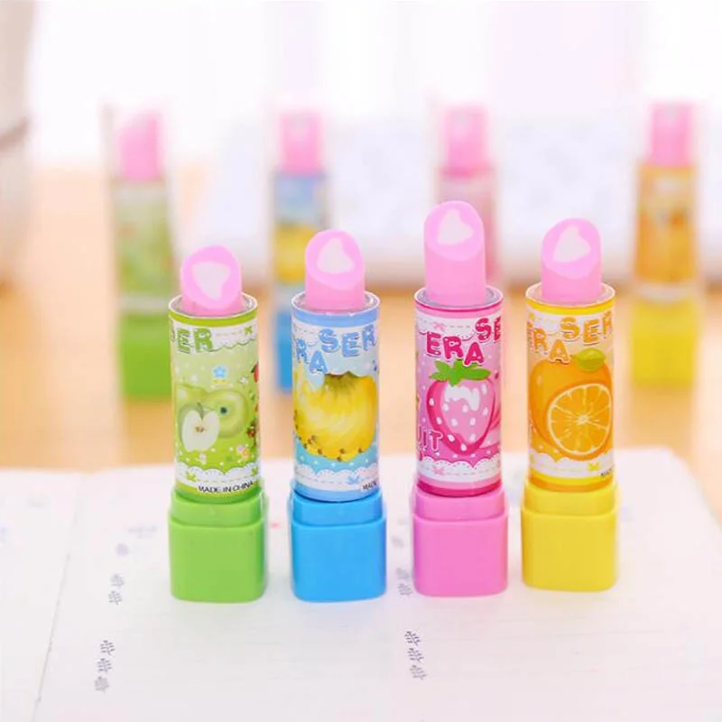 4 Pcs/Lot Creative Children Cartoon Lipstick Fruit Eraser Student Gift Stationery Eraser Office&School Supplies