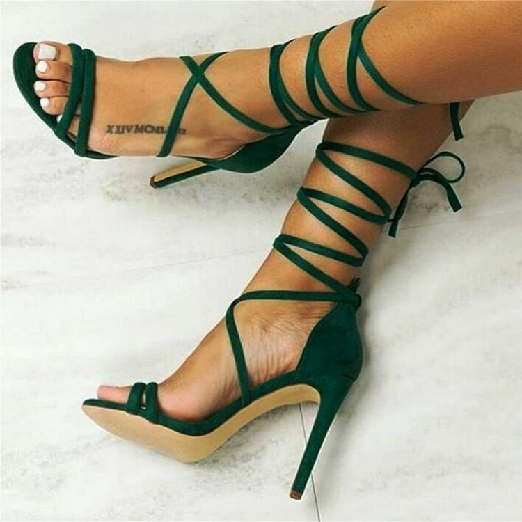 Olive Green Strappy Sandals Stiletto Heels Open Toe Sexy Sandals |FSJ Shoes