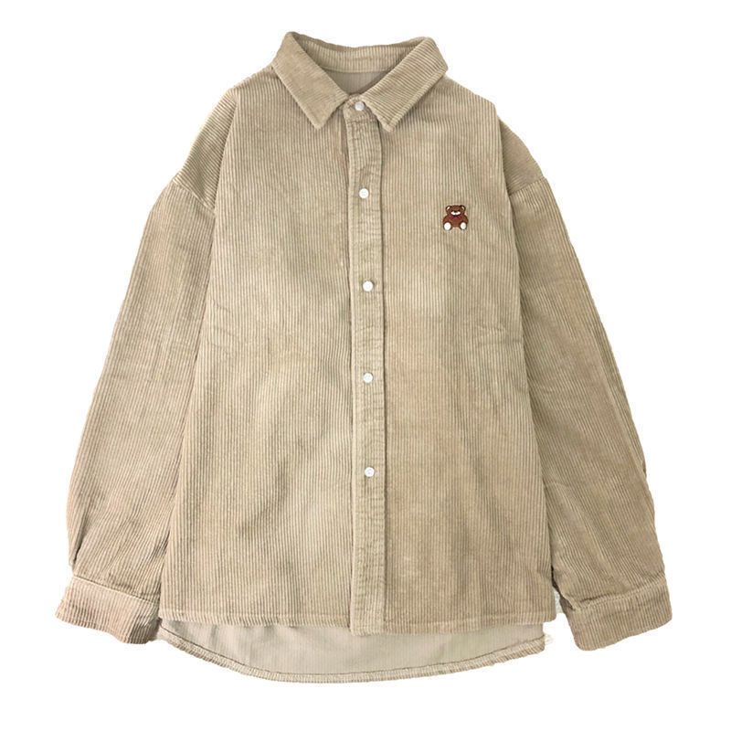 Churchf Kawaii Bear Corduroy Shirt Women Asian Style Cute Graphic Cardigan Embroidery Blouse Fall 2022 Button Up Soft Clothes