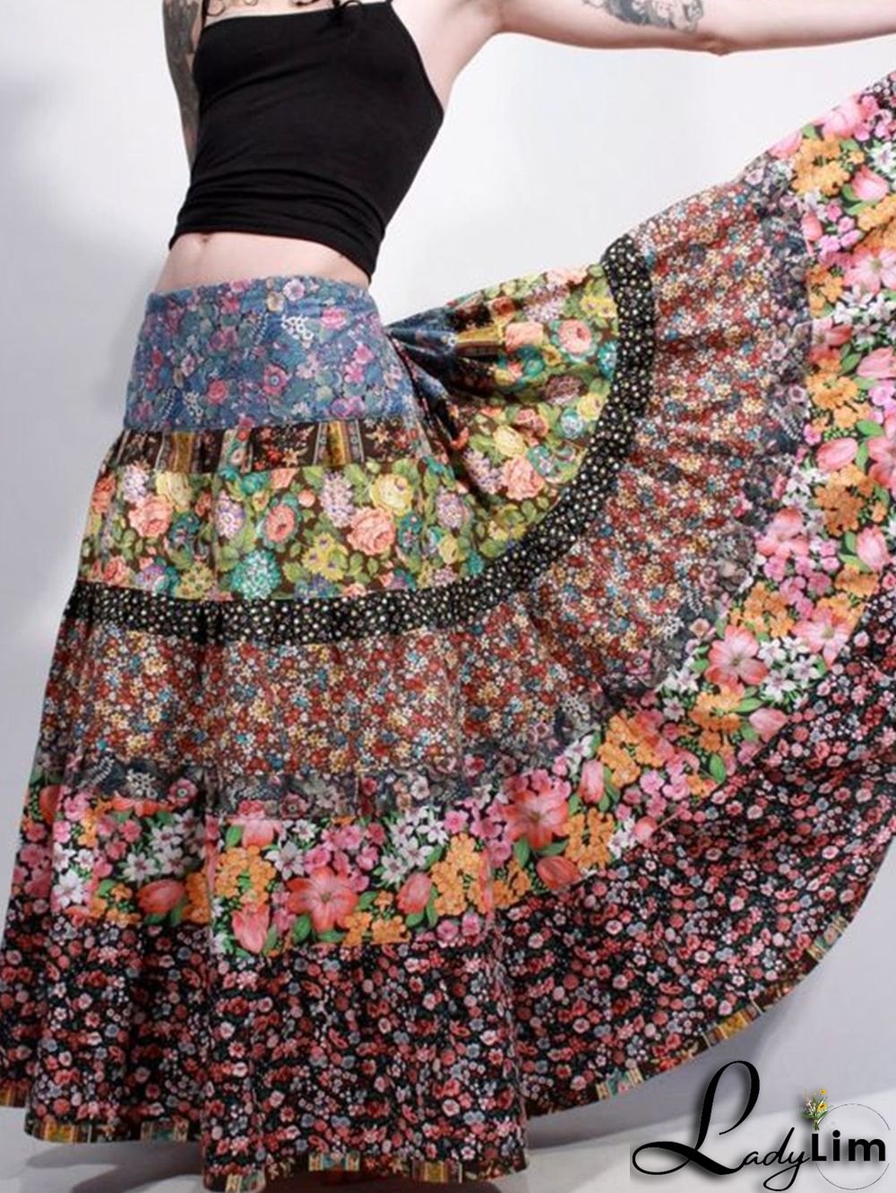 Bohemian Floral Patchwork Big Swing Maxi Tiered Skirt