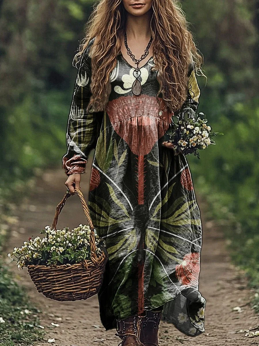 Women's Vintage Floral Art Print Pocket Cotton V Neck Long Sleeve Dress