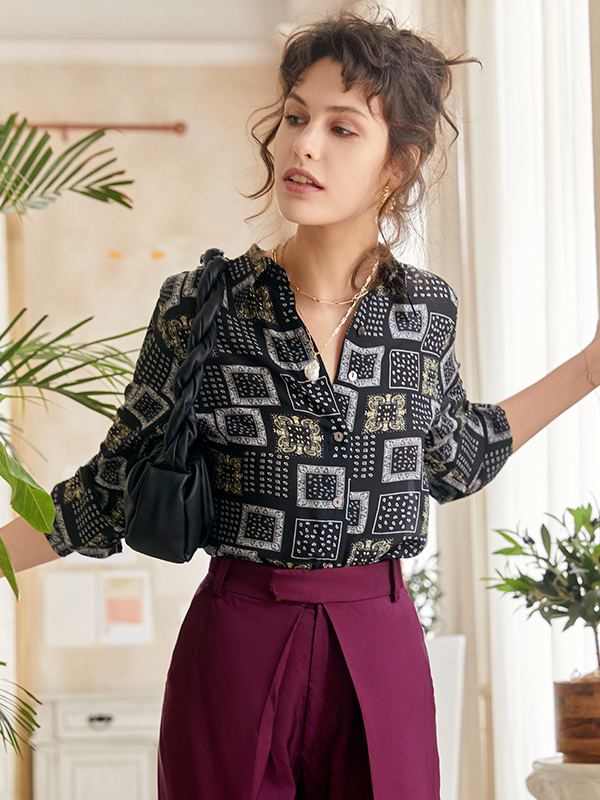 Silk Blouse French Retro Printed Lapel Style