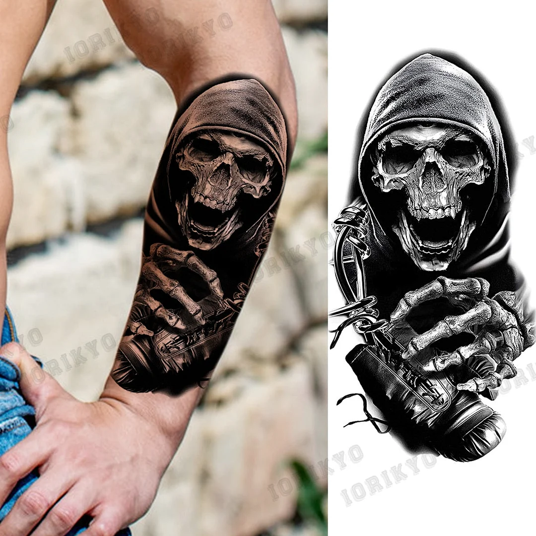 Realistic Devil Skeleton Temporary Tattoos For Men Adult Women Wolf Compass Gangster Fake Tattoo Washable Body Art Tatoo Sticker