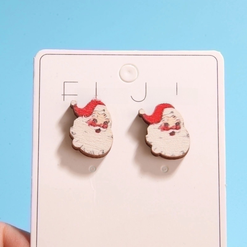 1 Set Cute Minimalist Christmas Tree Santa Claus Sock Printing Wood Ear Studs