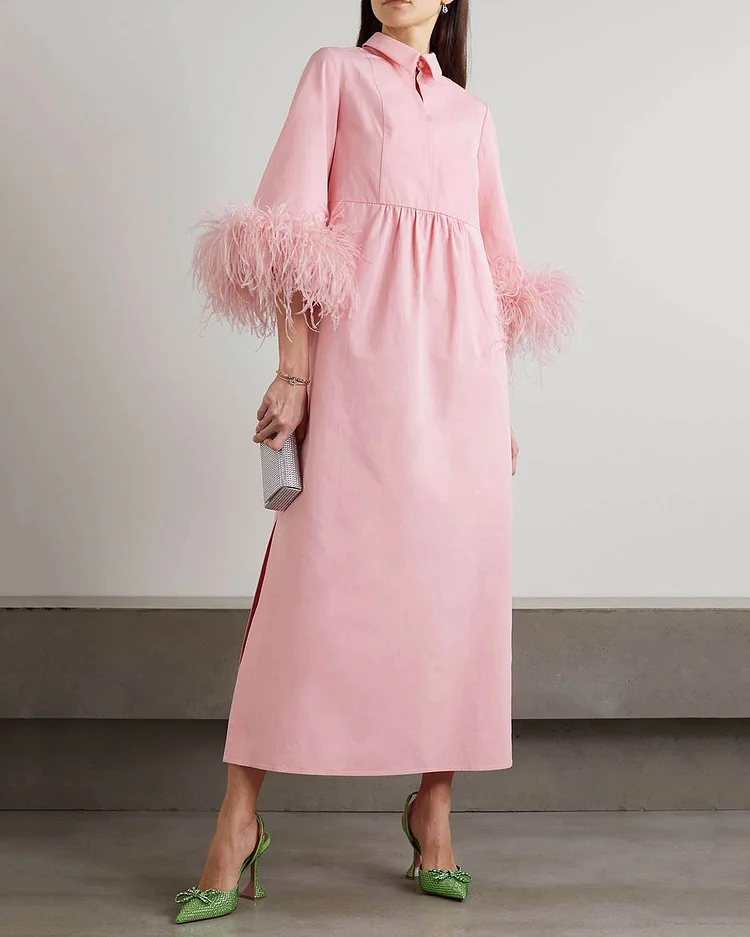 Elegant feather-trimmed cotton midi dress