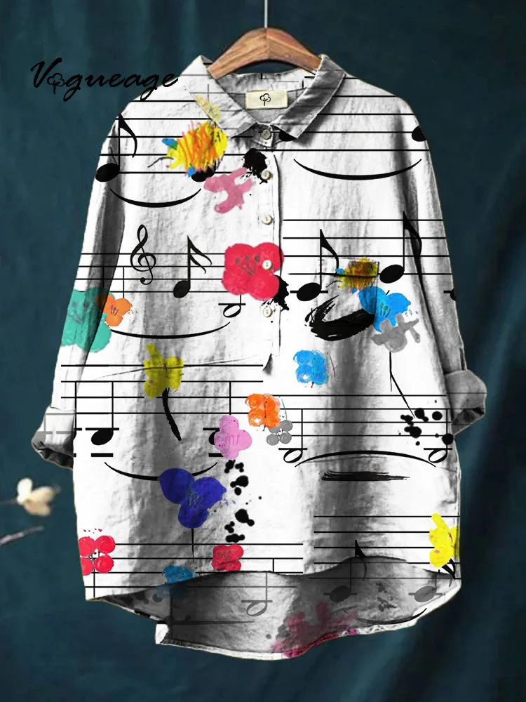 Dancing Notes And Gorgeous Flowers Printed Cotton And Linen Shirt
