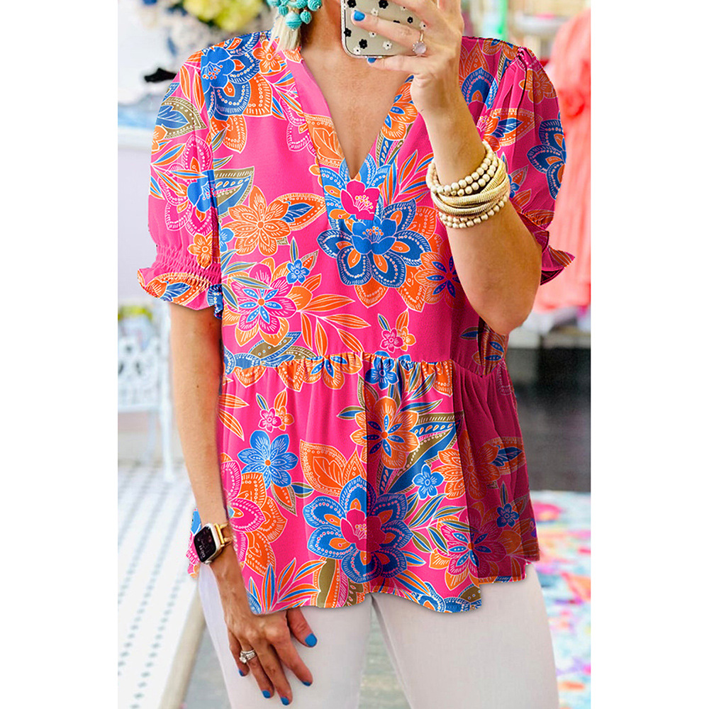 Mature Women Summer Printed Top Puff Sleeve V-neck Short Sleeve Shirt