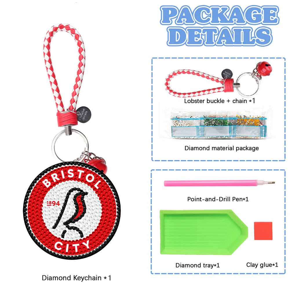 5D DIY Bristol FC Double Sided Full Drill Keyring Diamond Keychains Pendant