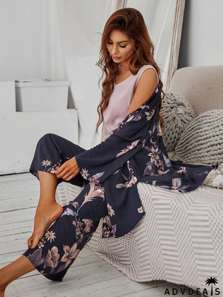 Floral Print Robe & Tank Top & Pants PJ Set