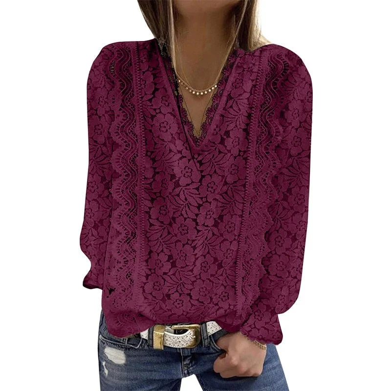 Plus Size Loose Women For Blouses 2022 New O Neck Long Sleeve Elegant Chic Ladies Lace Shirt Tops Fashion Casual Women Blouse