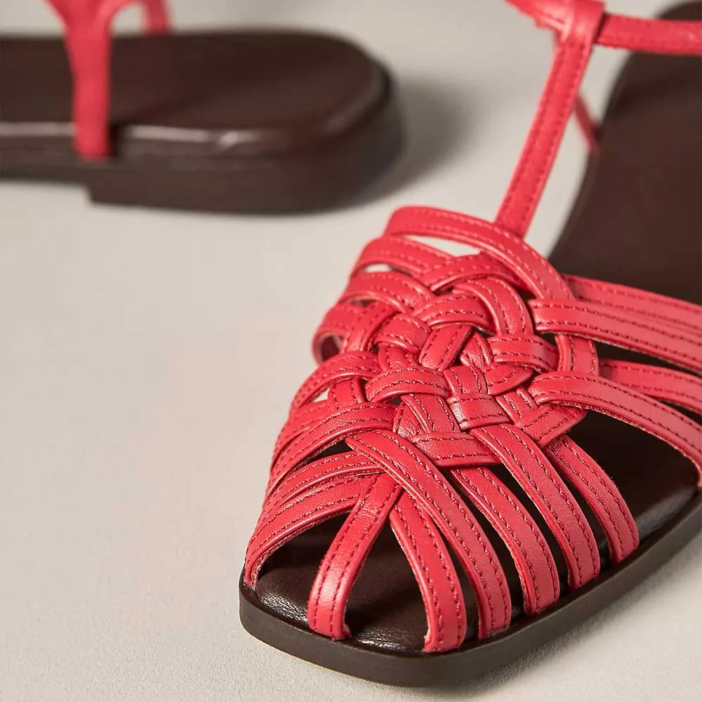 Red Vegan Leather Square Toe Strappy Flat Sandals for Women