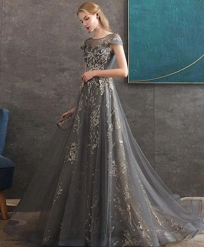 Gray Round Neck Tulle Lace Long Prom Dress Gray Tulle Formal Dress