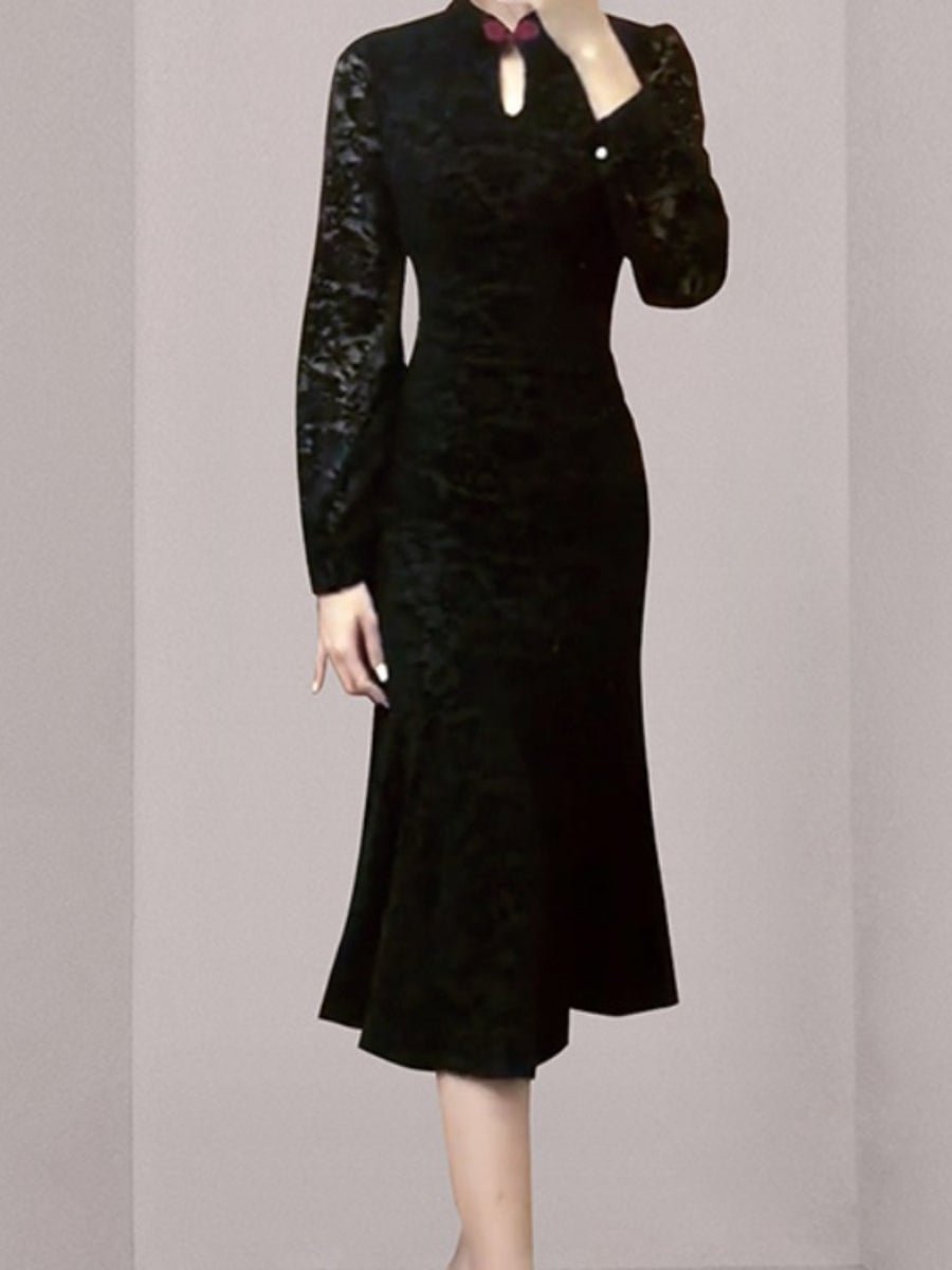 Chinese Dresses Stand-up Collar Hollow Lace Buckle Slim Mermaid Dress
