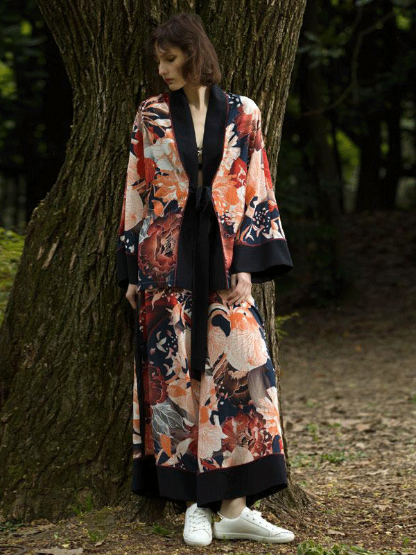 Luxury Kimono Design Flower Print Silk Pajamas Set For Women-luxurysilklife