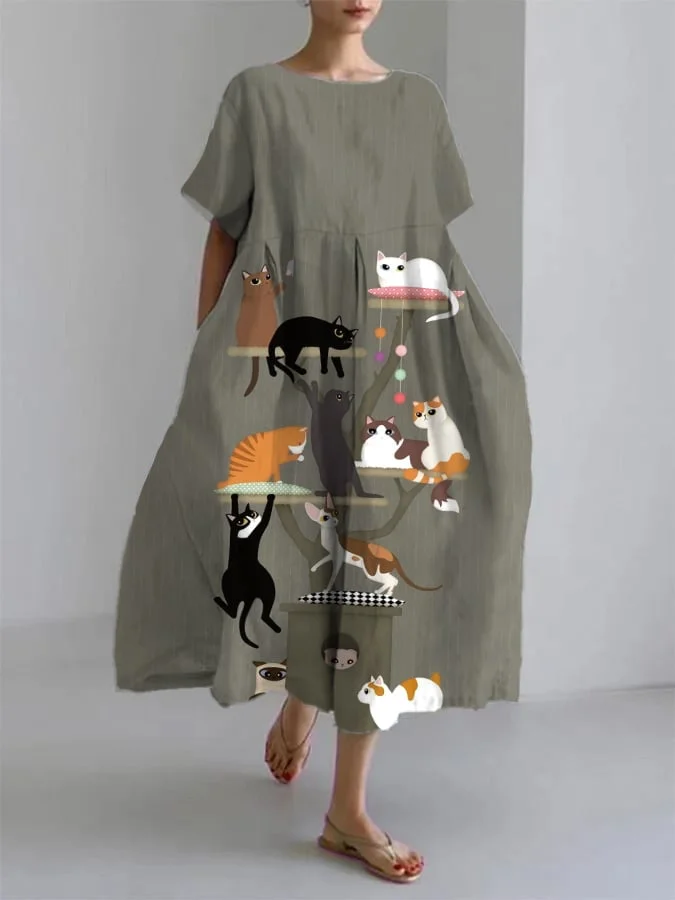 Women's Cute Cat Short Sleeve Linen Blend Midi Dress