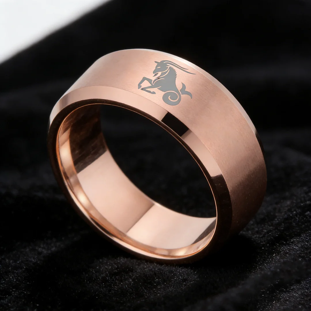 Mens Womens Rose Gold Capricorn Tungsten Carbide Bands Rose Gold Edges and Laser Etched Wedding Rings Comfort Fit 4MM 6MM 8MM Width