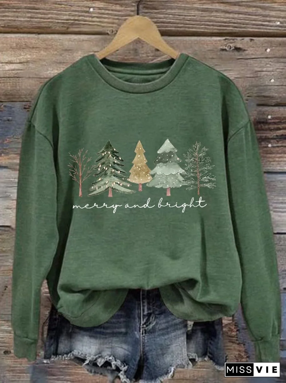 Women's Casual Merry And Bright Print Long Sleeve Sweatshirt