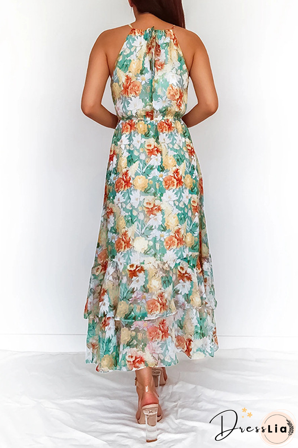 Elegant Floral Split Joint Halter Waist Skirt Dresses
