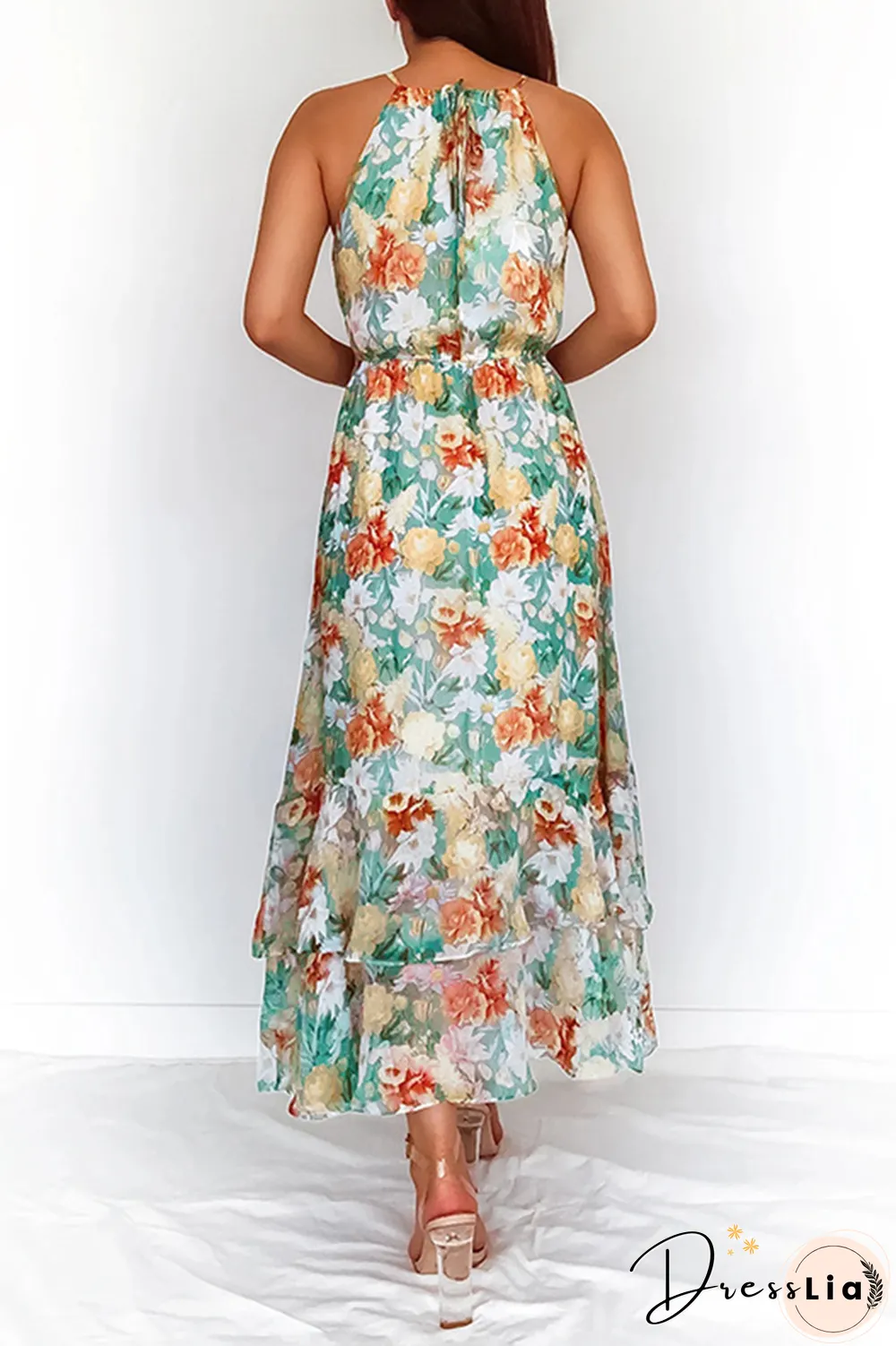 Elegant Floral Split Joint Halter Waist Skirt Dresses