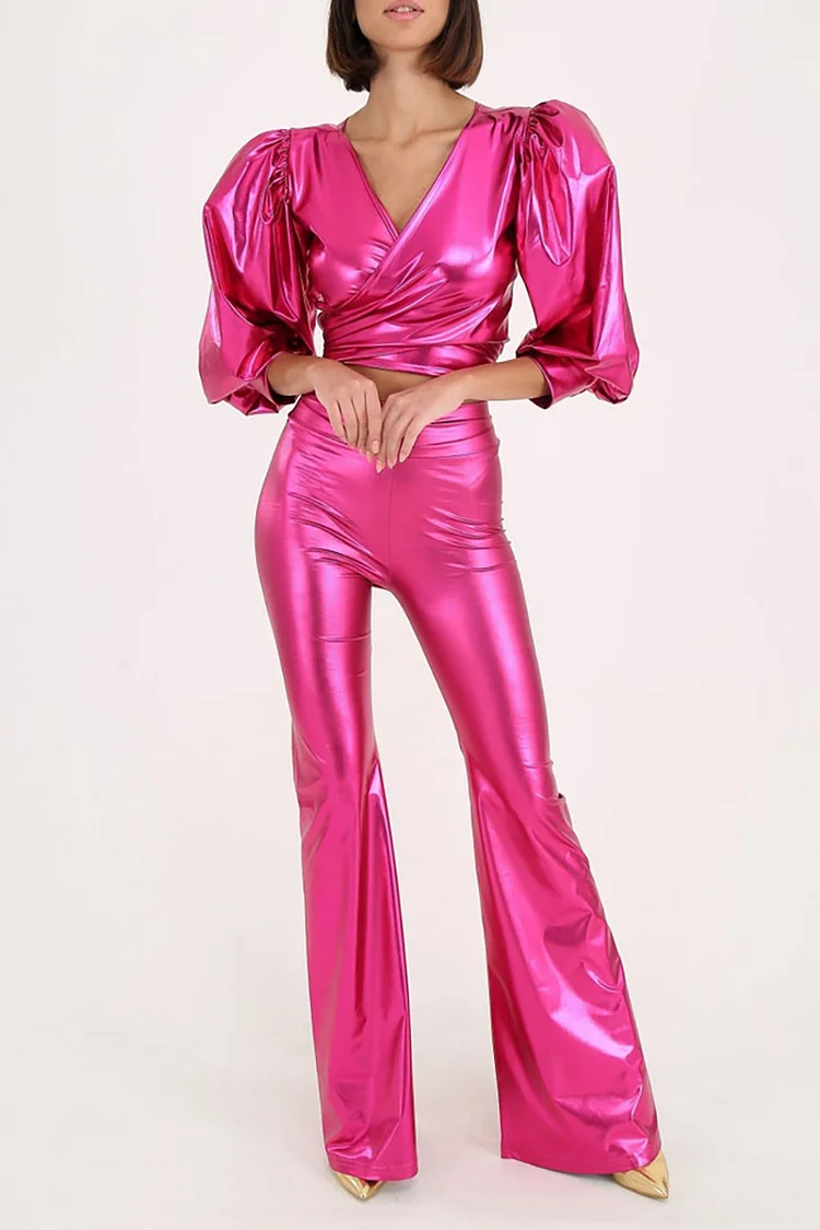 Ciciful Metallic Puff Sleeve Wrap Neck Top Flare Leg Pants Hot Pink Two Piece Set