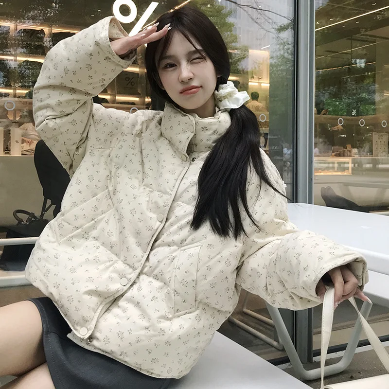 Woherb Small Flower Stand Collar Short Down Cotton Jacket 2024 New Small Bread Jacket Female Winter Korean Cotton-Padded Jacket-Outfit Ideas
