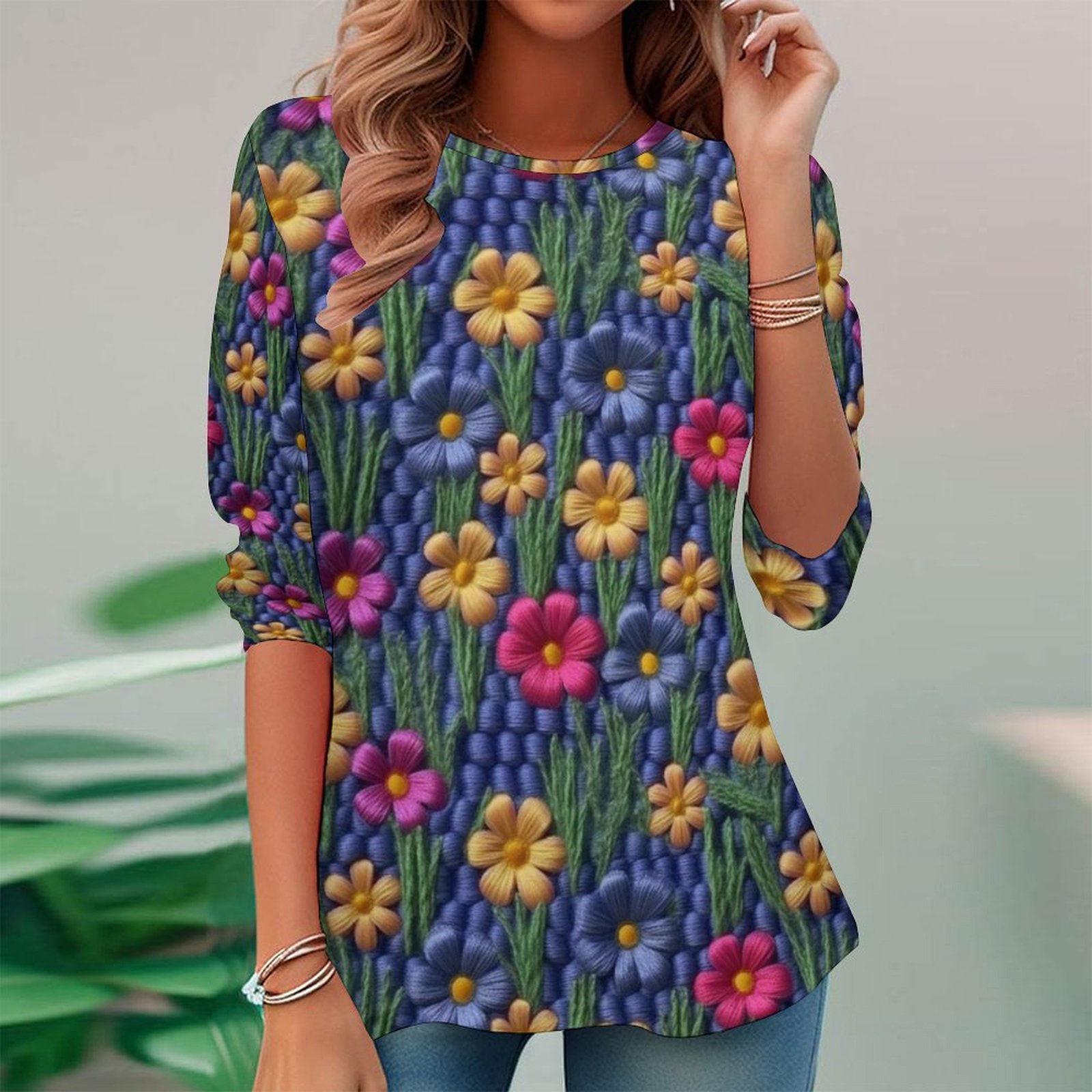 Women Long Sleeve V-neck Graphic Floral Printed Top