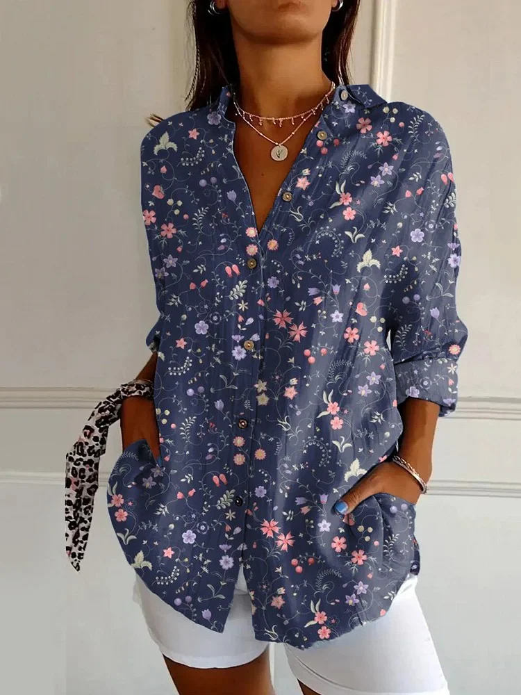 Japanese Colorful Flowers Print Casual Long-sleeved Shirt
